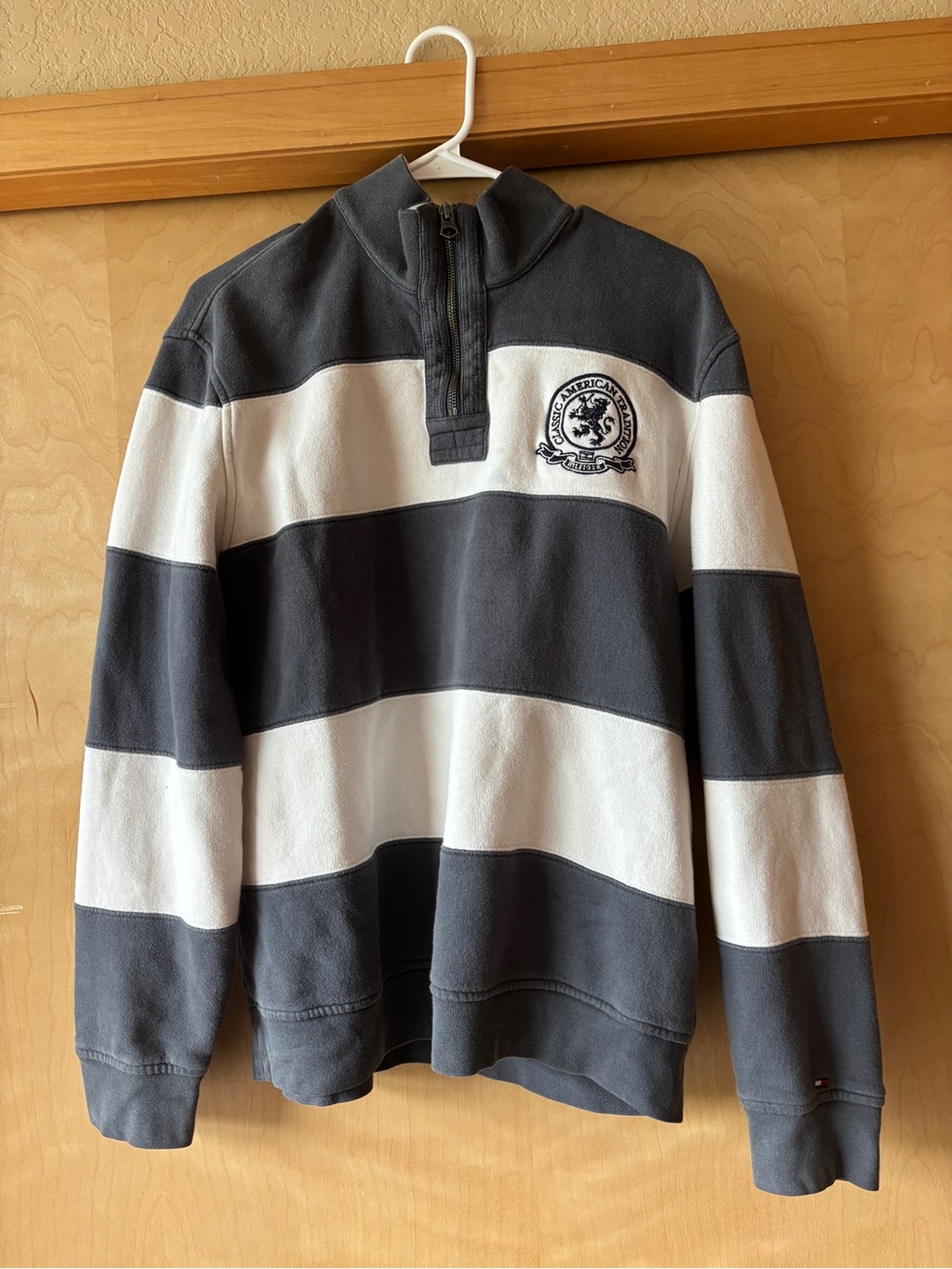 Tommy Hilfiger Men’s Charcoal Gray and White Striped Quarter-Zip Pullover